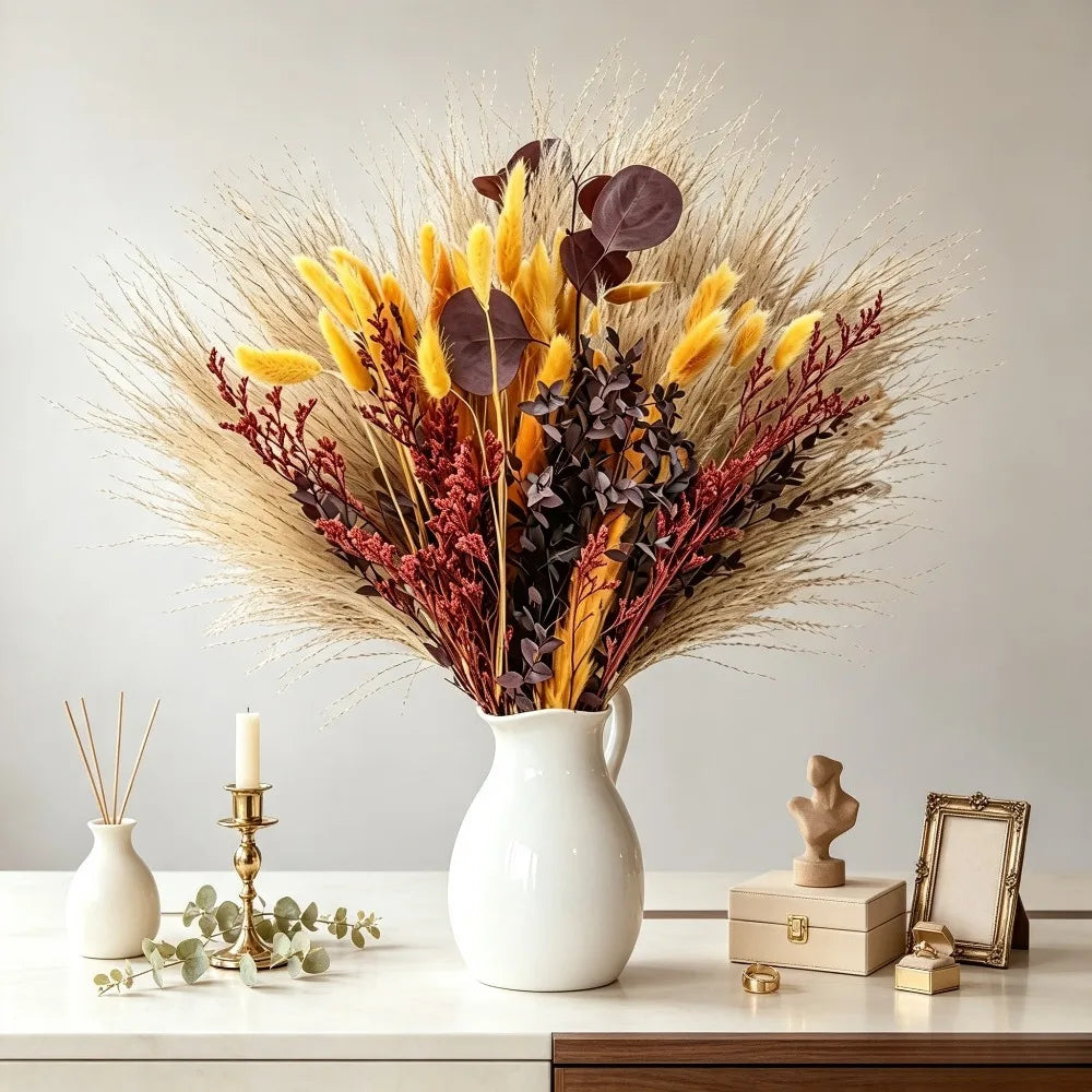 Autumn Dried Flower Bouquet, Pampas Grass, Bunny Tails Grass, Limonium, Eucalyptus Leaves, Natural Dried Floral Vase Filler, Farmhouse Home Table Decor, Christmas Valentine's Day Thanksgiving Wedding Party Decoration, Gift fo
