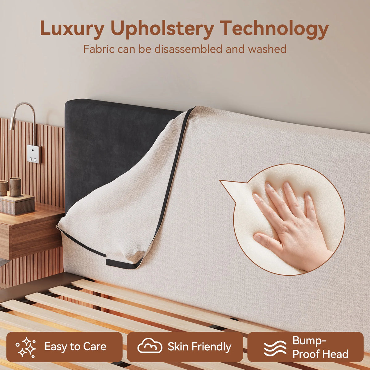 Luxury King Size Bed with Integrated Nightstands & Reading Lamps, Wide Headboard with LED Strip Lights, Modern Multifunctional Bedroom Furniture Set