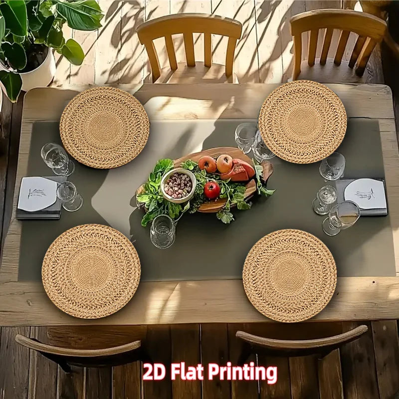 4-Pack Natural Fiber Round Placemats, Suitable for Parties and Gatherings. The table mats feature a woven natural fiber design with machine-washable fabric, ideal for decorative table settings, dining tables and Christmas dec