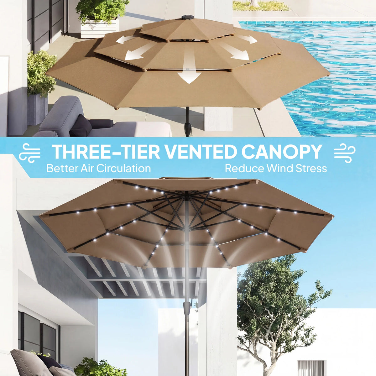9.7 ft Outdoor Patio Umbrella with Lights, Khaki