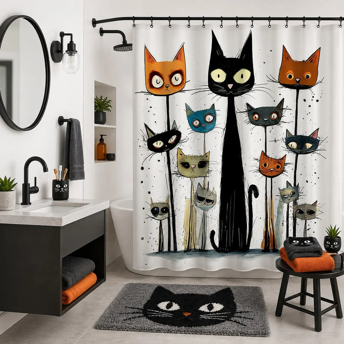 1pc Playful Cat Shower Curtain Durable Whimsical Cat Faces Print Shower Curtain with Hooks| Playful Black Cat Design, Machine Washable, Ideal for Bathroom Decor, All-Season Use