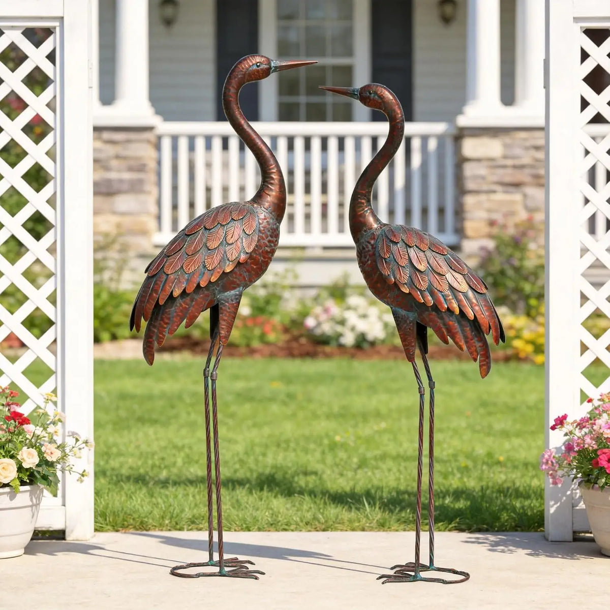 Set of 2 Large Metal Garden Crane Sculpture Statues, Weatherproof Outdoor Yard Art Ornaments for Lawn Patio Backyard Landscape Decoration