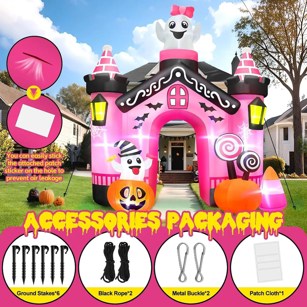 11 FT Halloween Inflatables Ghost Archway Outdoor Decor, Pink Castle Blow Up Yard Decoration with Built-in Lights, Scary Inflatable for Yard, Garden, Lawn, Indoor & Outdoor Use