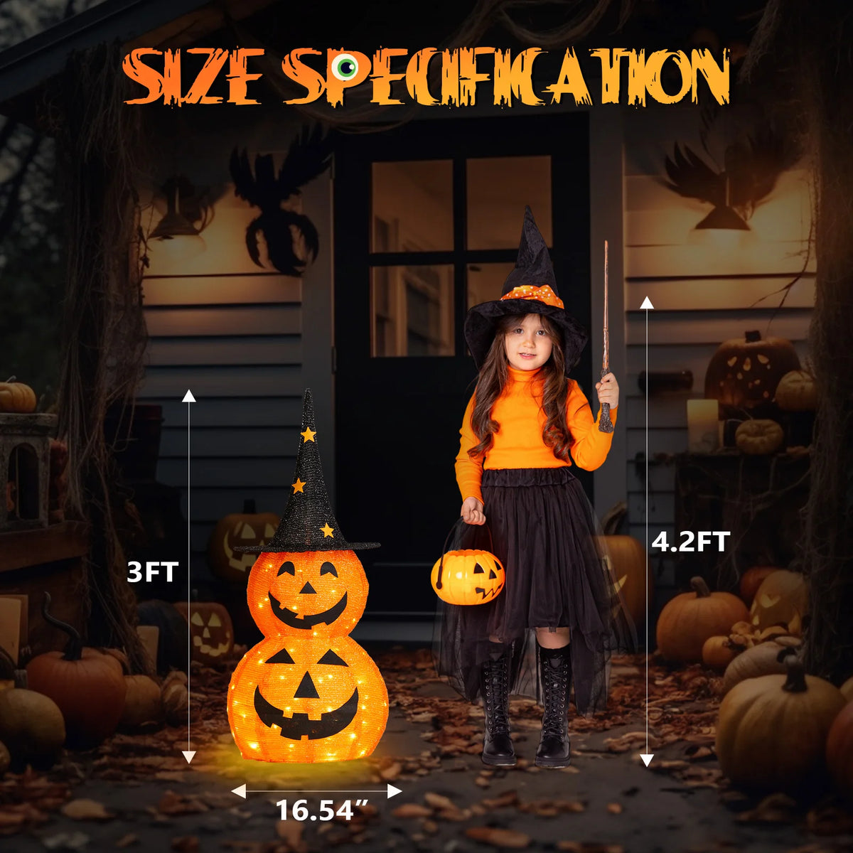 2Pcs 3FT Halloween Collapsible Pumpkin Decorations with 150 Warm LED Lights, Pop Up Lighted Pumpkin Ornament for Yard Lawn Holiday Decor