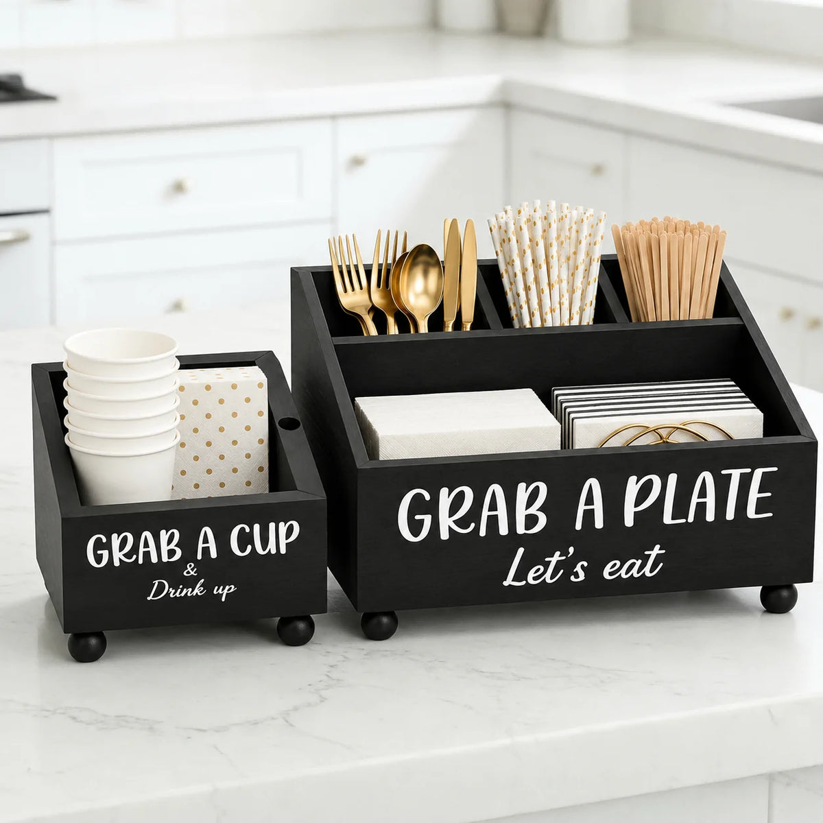 Paper Plate Holder, Utensil Caddy Organizer, Wood Paper Plate Dispenser, Silverware Caddy Holder, and Disposable Coffee Bar Accessories Box for Kitchen Counter, Party, Camping, Picnic
