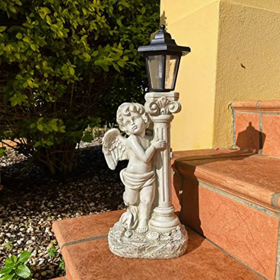 Statue with Solar Lights 19.7 Inch, Outdoor Solar Angel Garden Statue with Roma Pillar for Garden Lawn Deocr, Christian Religio