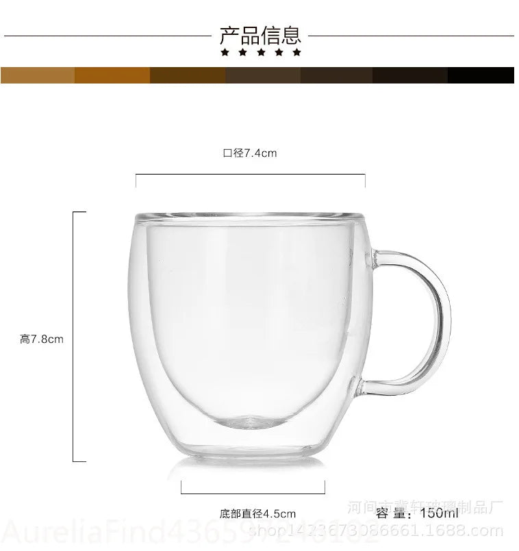 150/250/350/450ml Heat‑Resistant Double‑Wall Transparent Glass Mug For Coffee Tea Milk Whiskey Wine Cold‑Beverage Household Drinkware
