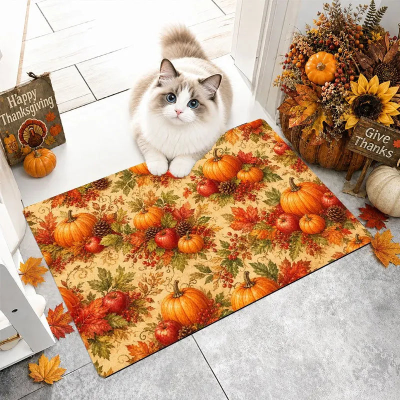 1pc Autumn Harvest Non-Slip Suitable for Thanksgiving Farmhouse Decor, Soft Flannel Indoor Entrance Mat with Pumpkin Maple Leaf Apple Pinecone Berry Print