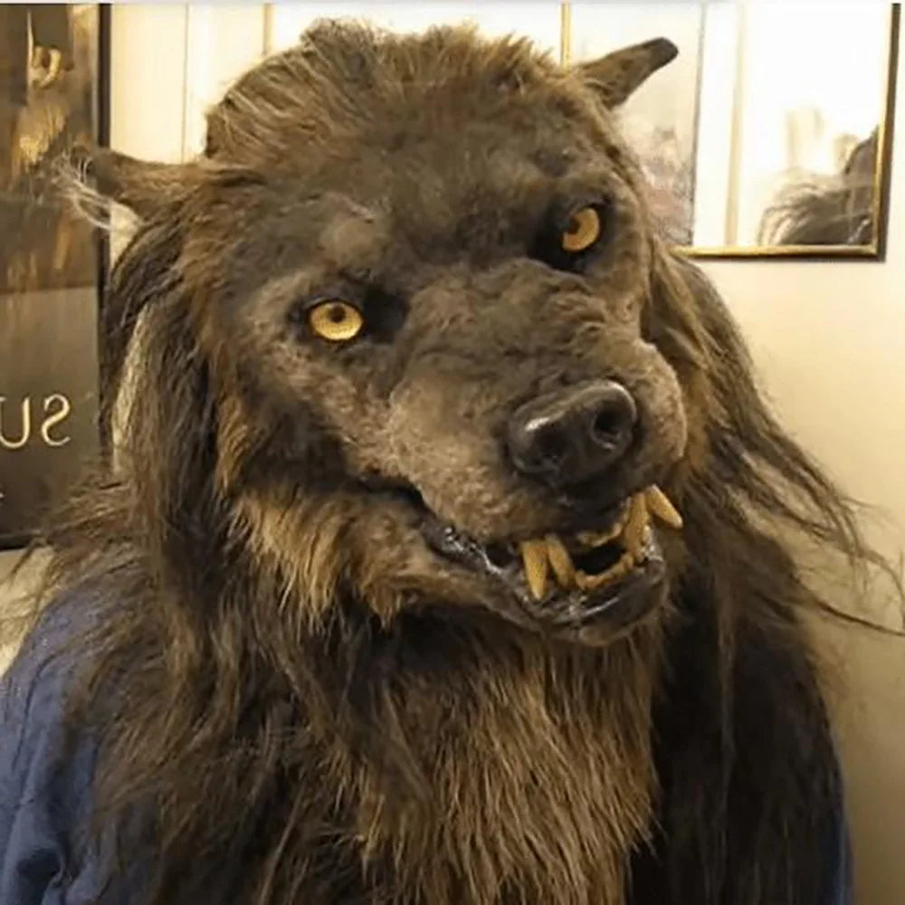 Hot‑selling Animal Latex Simulated Wolf Head Mask Hood with Brown Hair, Halloween Cosplay Mask for Adults