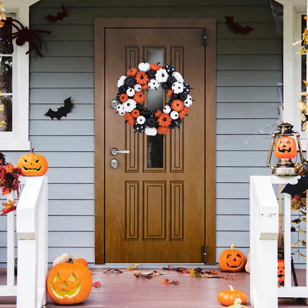 Halloween Pumpkin Wreath, with Orange, Black and White Pumpkins, Rattan Bottom Thanksgiving Indoor Home Party Decor
