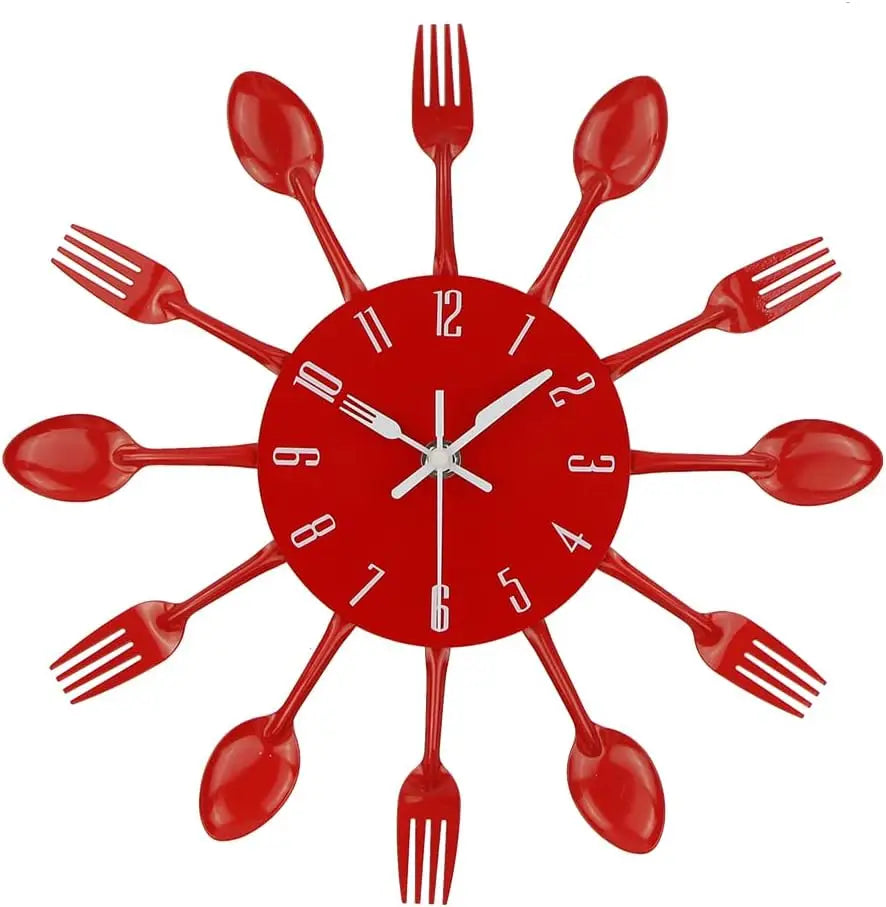 Kitchen Wall Clock, 3D Removable Modern Creative Cutlery Kitchen Spoon Fork  Clock Mirror  Decal Wall Sticker R
