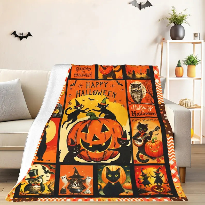 Vintage Halloween Flannel Blanket, Ghost Pumpkin Trick or Treat Woven Throw