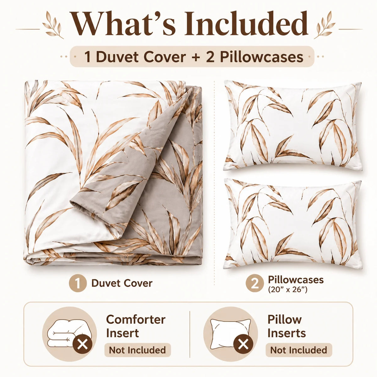 3Pcs Reversible Duvet Cover Set Brown Leaf Botanical Bedding Set Soft Boho Bed Cover with Pillowcases Queen King Twin Full