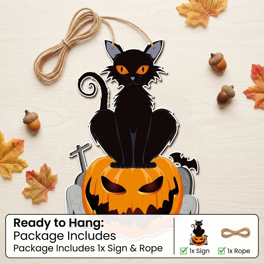 Halloween Door Hanging Decoration Spooky Black Cat on Pumpkin Jack-o-Lantern Wall Sign for Haunted House Party Bar Indoor Outdoor Home Decor Props 40 x 27.2cm