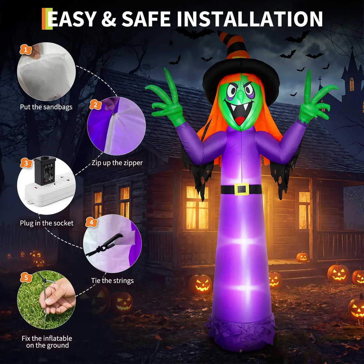 12ft Halloween Witch Inflatable Outdoor Yard Decoration With 4 Led Lights, Blower, Stakes & Ropes For Lawn Porch Haunted House Party