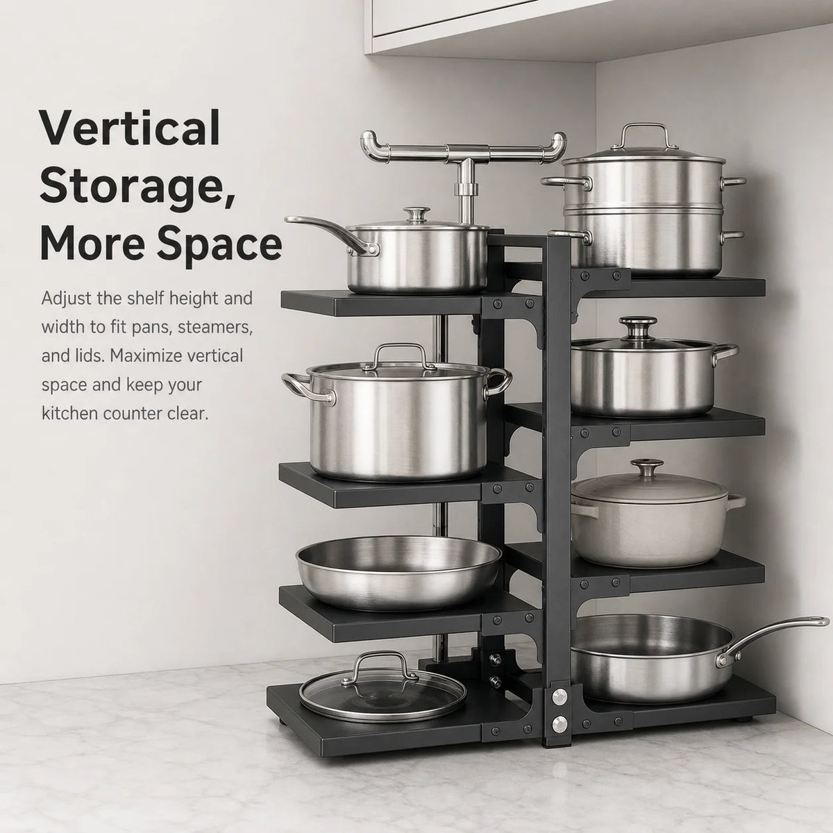 A height-adjustable 2/3/4/5/7-layer adjustable stainless steel kitchen storage rack, kitchen storage shelf, multi-layer drain organizer for pots, pans and tableware, painted finish, black, kitchen storage | shelf, kitchen sin