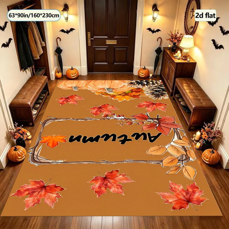 Autumn Maple Leaf Area Rug, Brown Base with Fall Leaves Print, Warm Seasonal Vibe for Entryway Living Room Autumn Decor