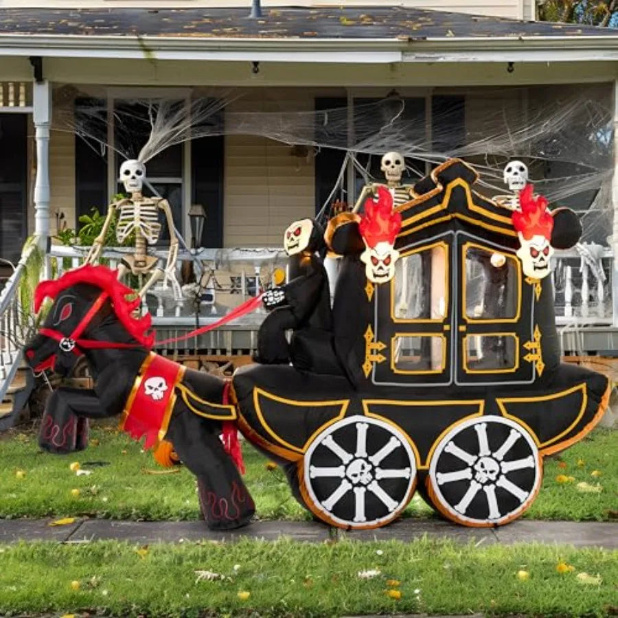 Outdoor Halloween inflatable carriage decoration, PVC material, black and red, 10 ft long with built-in LEDs and hellfire desig