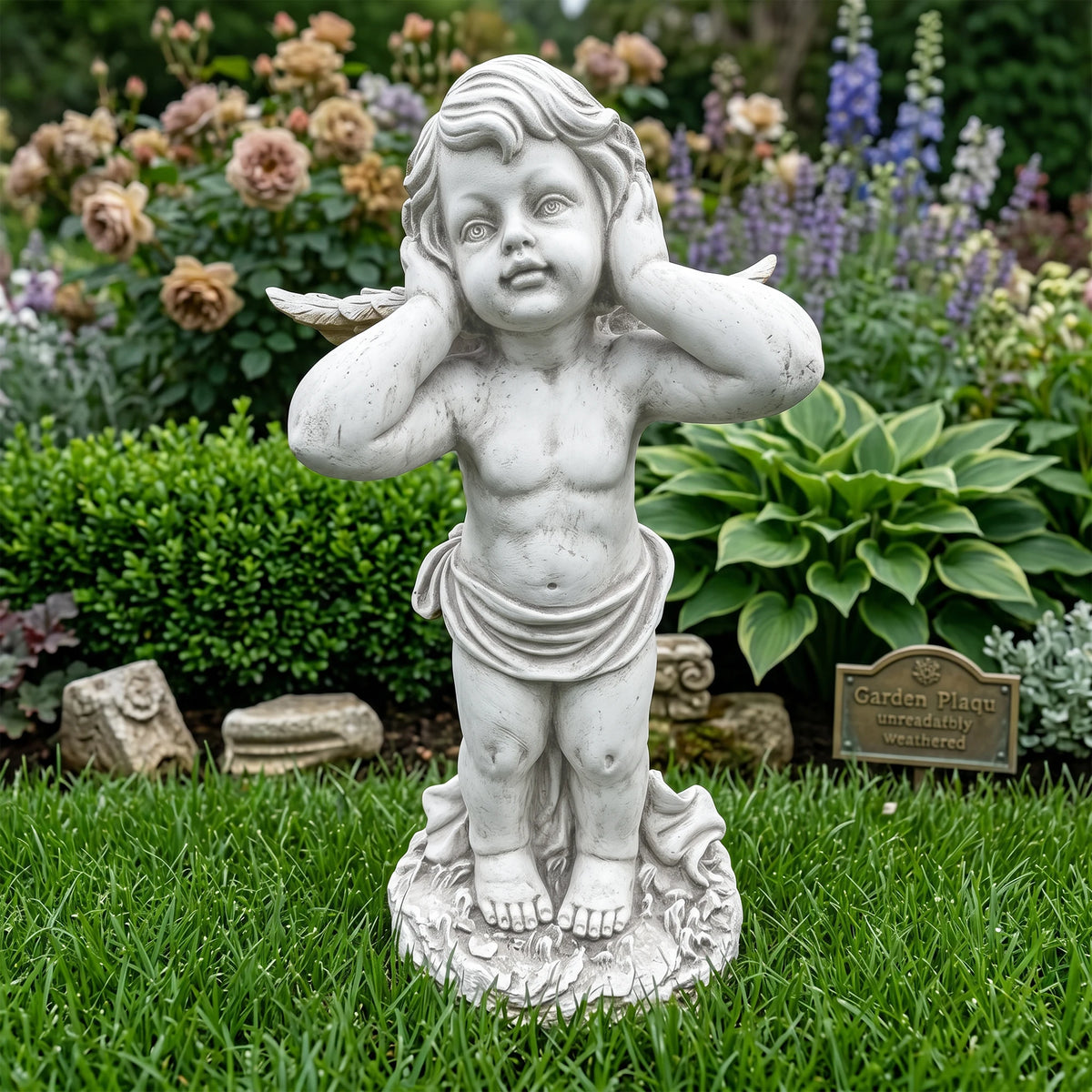 Winged Angel Garden Statue Covering Ears, Weatherproof Resin Outdoor Sculpture, Emotional Angel Figurine for Lawn, Patio & Yard Decor