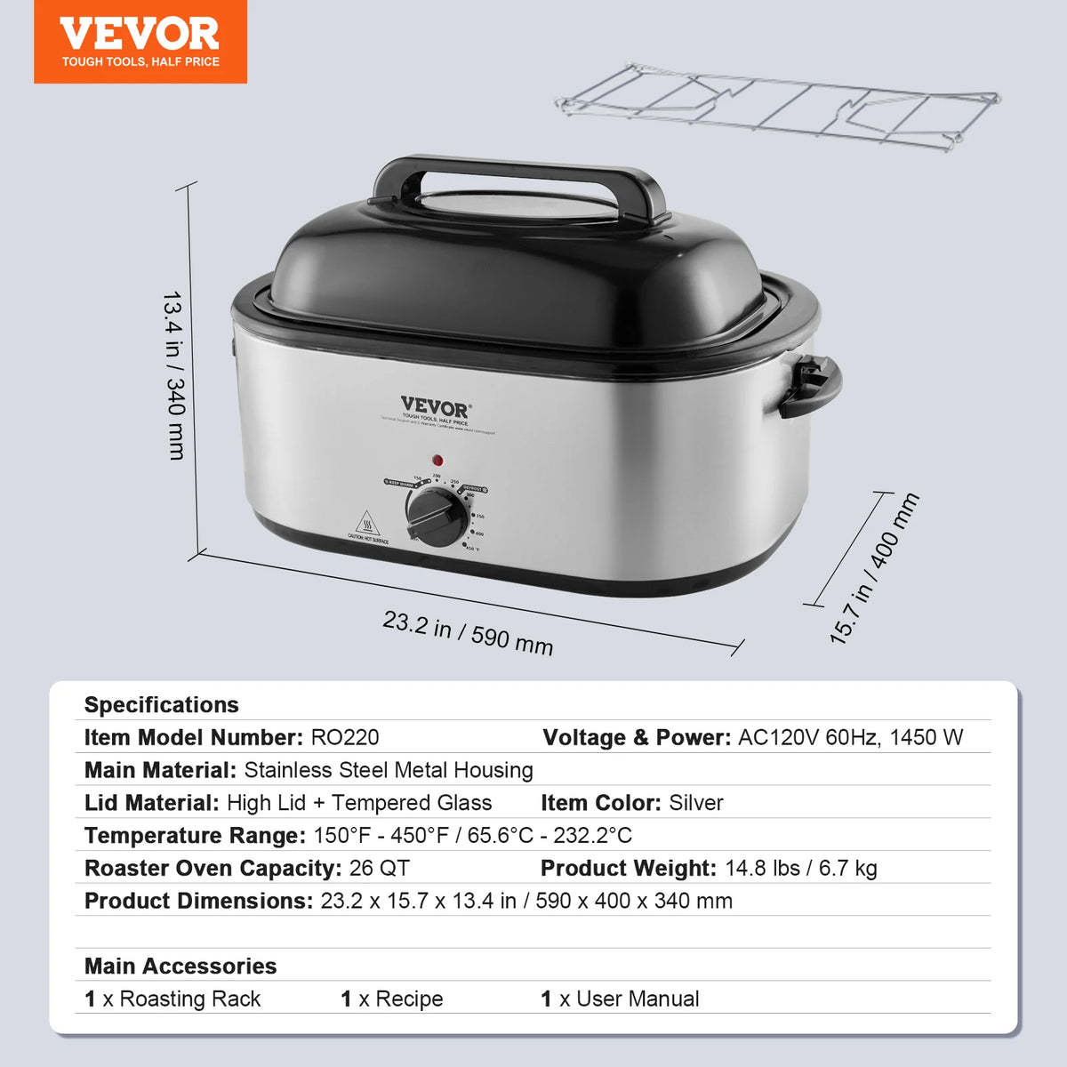 SucceBuy Electric Roaster Oven 24 QT Turkey Roaster Oven with Self-Basting Lid 1450W Roaster Oven Defrost&Warm Function Silver