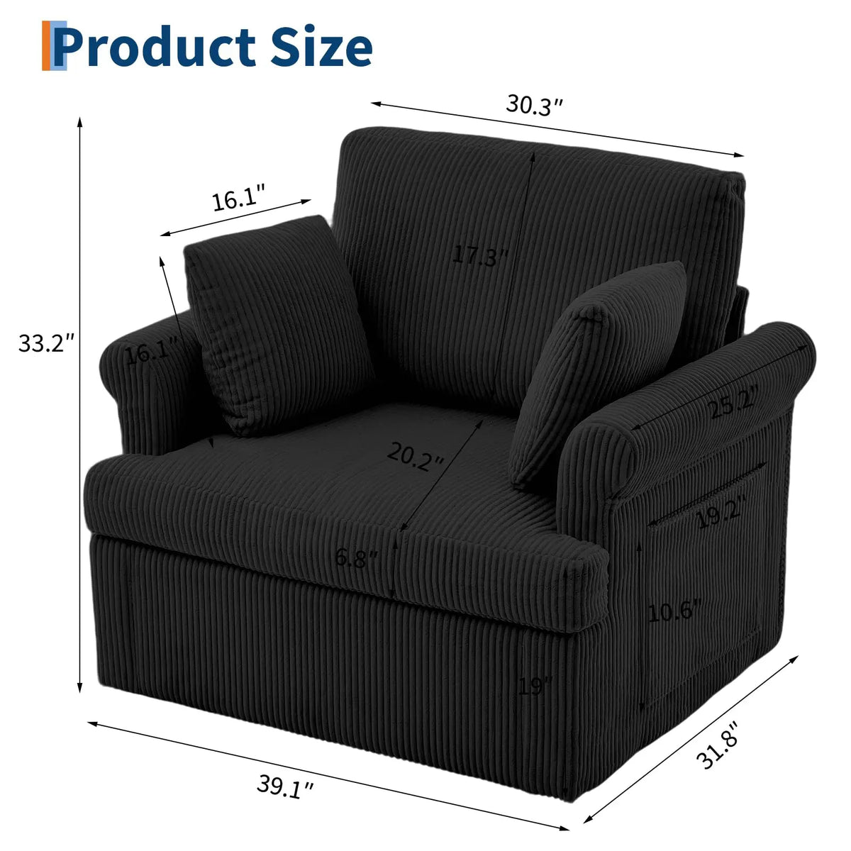 39-Inch 360 Swivel Accent Chair, Large Corduroy Barrel Armchair & 2 Pillows, Storage Pockets For Living Room Bedroom Home Office