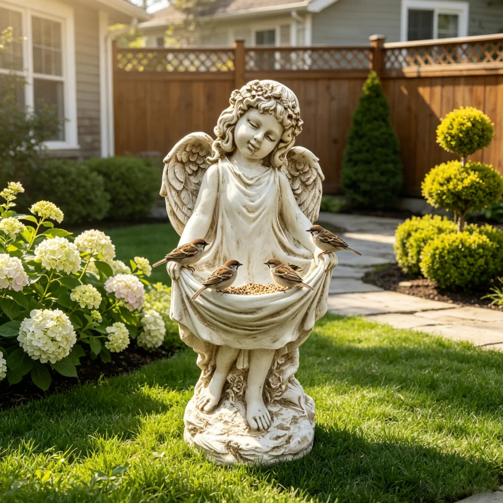 21.06" Tall Weathered Angel Cherub Garden Statue, Resin Dress Sculpture Figurine, Decorative Outdoor Yard Lawn Patio Backyard Landscape Ornament Decoration
