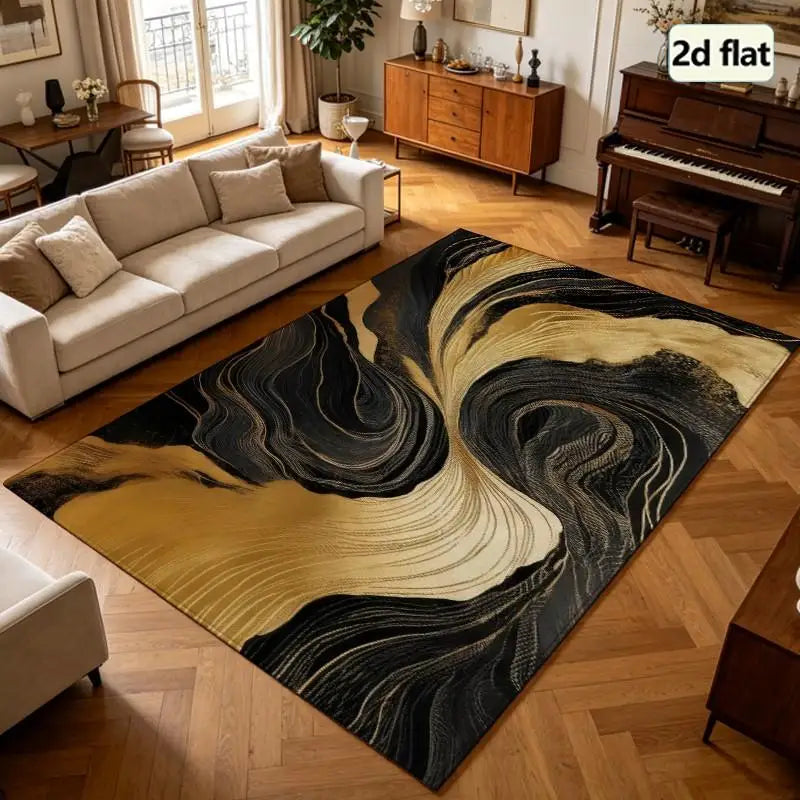 1 Piece Abstract Black And Gold Swirl Pattern Rug, Soft Comfortable, All Season, Lightweight Easy Care, Home Decor, Room Decor, Living Room Decor, Bedroom Decor, Dining Room Decor, Winter, Autumn