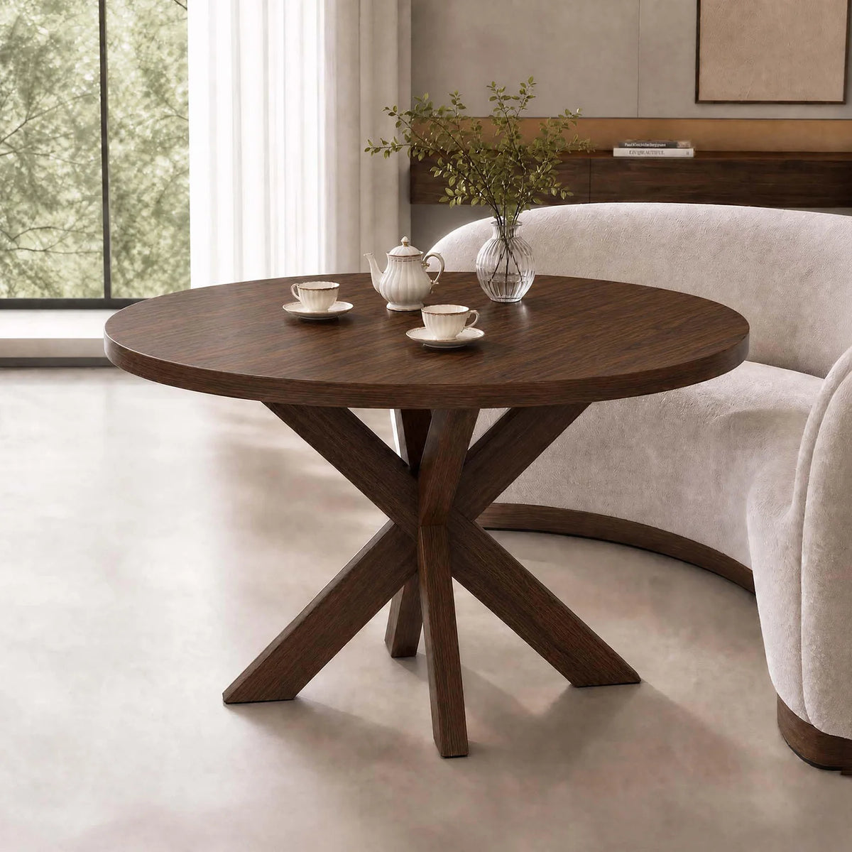 47" Round Dining Table For 4-6, Farmhouse Wood Kitchen Table With X Pedestal Base, Circle Table For Dining Room Apartment Restaurant