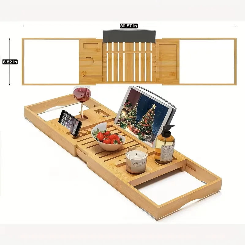 Expandable Bamboo Bathtub Tray, Adjustable Spa Bath Caddy Table with Wine Holder & Book Stand, Premium Bath Tray Fits Most Bathtubs