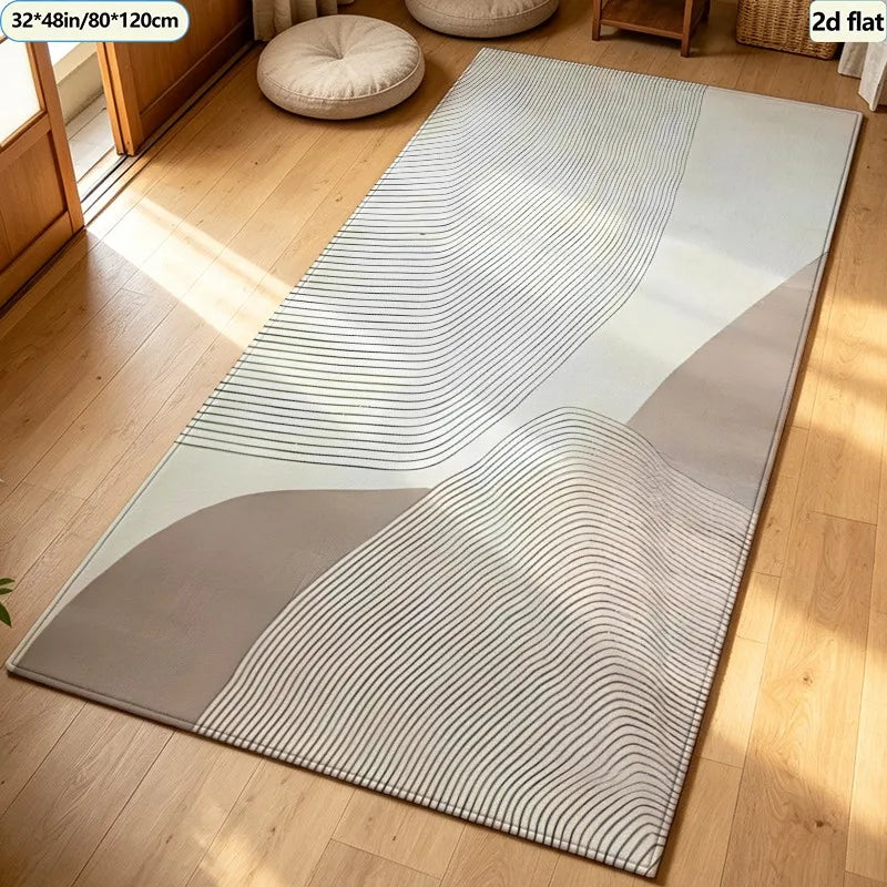 Neutral Beige Abstract Line Carpet Flooring, Mid-Century Curved Contour Geometric Area Rug Non-Slip Floor Mat for Living Room Apartment Home Decoration