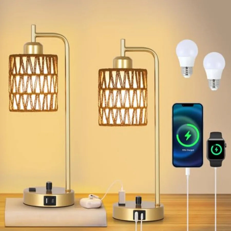 Lamp for Bedroom Boho Rattan Table Lamps Set of 2 with LED Bulbs Bedside Lamps for Night Stands with Wicker Shade USB Port and