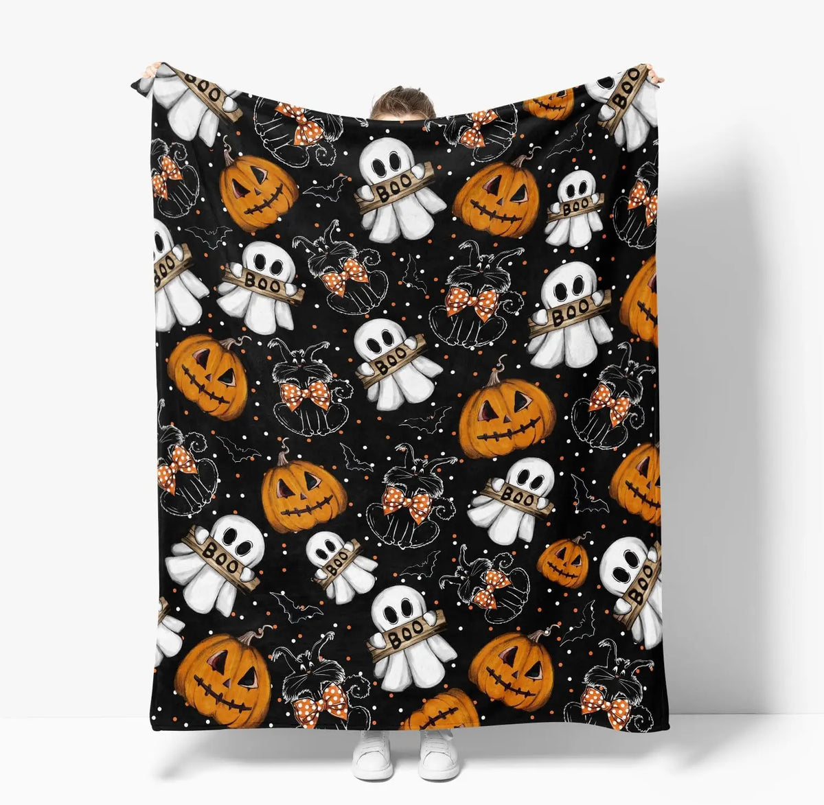 Horaldaily Halloween Black Pumpkin Ghost Cat Flannel Throw Blanket 50x60