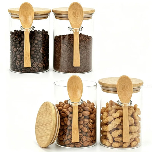 Airtight Glass Food Storage Canisters 20 Oz Jars with Wooden Spoon & Lids for Sugar Spice Coffee Tea Cereals Bath Salt Condiment