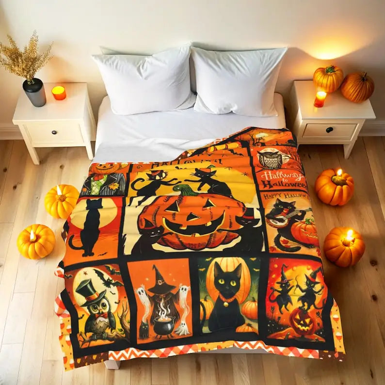 Vintage Halloween Flannel Blanket, Ghost Pumpkin Trick or Treat Woven Throw