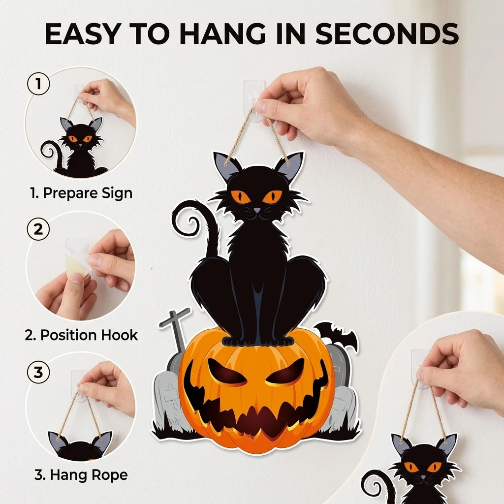 Halloween Door Hanging Decoration Spooky Black Cat on Pumpkin Jack-o-Lantern Wall Sign for Haunted House Party Bar Indoor Outdoor Home Decor Props 40 x 27.2cm