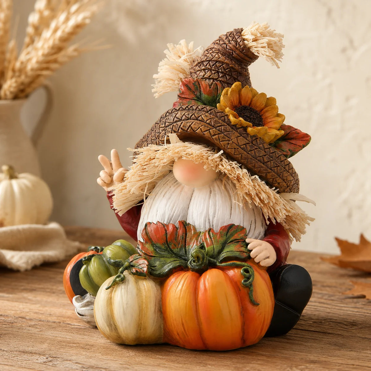 Hodao Resin Fall Scarecrow Gnome Figurine with Pumpkin Harvest Decoration, Farmhouse Thanksgiving Sitting Gnome Statue for Tabletop Shelf Sitter, Autumn Holiday Decor Gift for Home Garden, Hand-Painted Seasonal Ornament, Coun