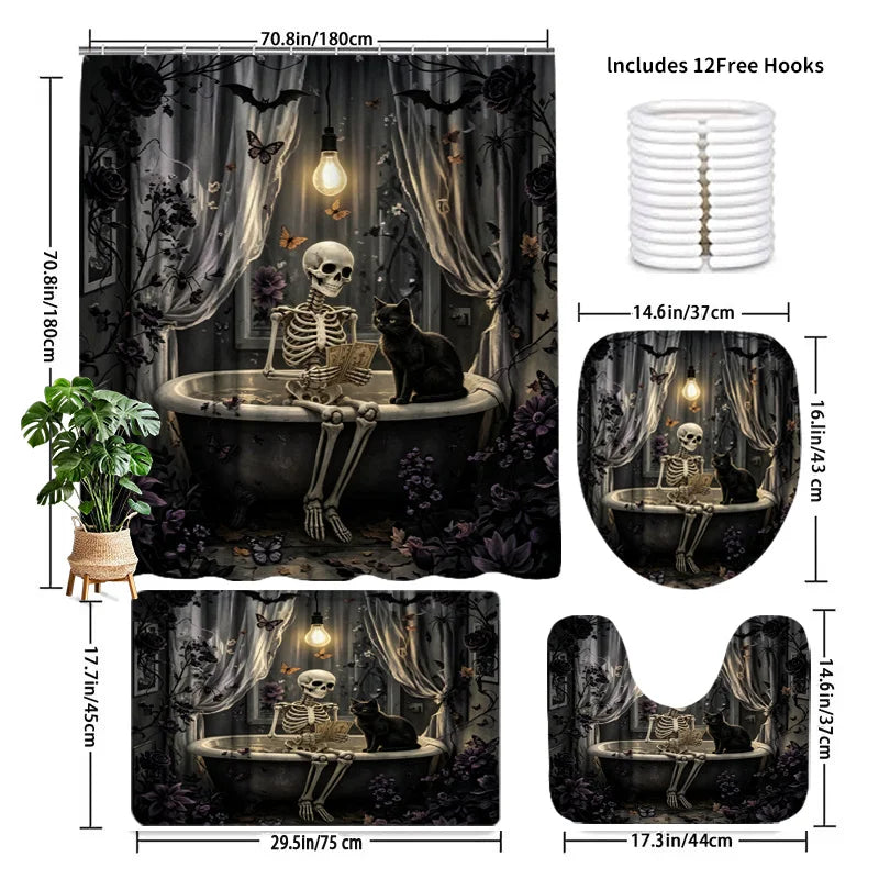 2D Flat, 4pcs Gothic 2D Bathroom Set, High-Quality Bathroom Decorations And Additions Including Non-Slip, U-Shaped, Toilet Seat, And Shower Curtain with 12 Hooks
