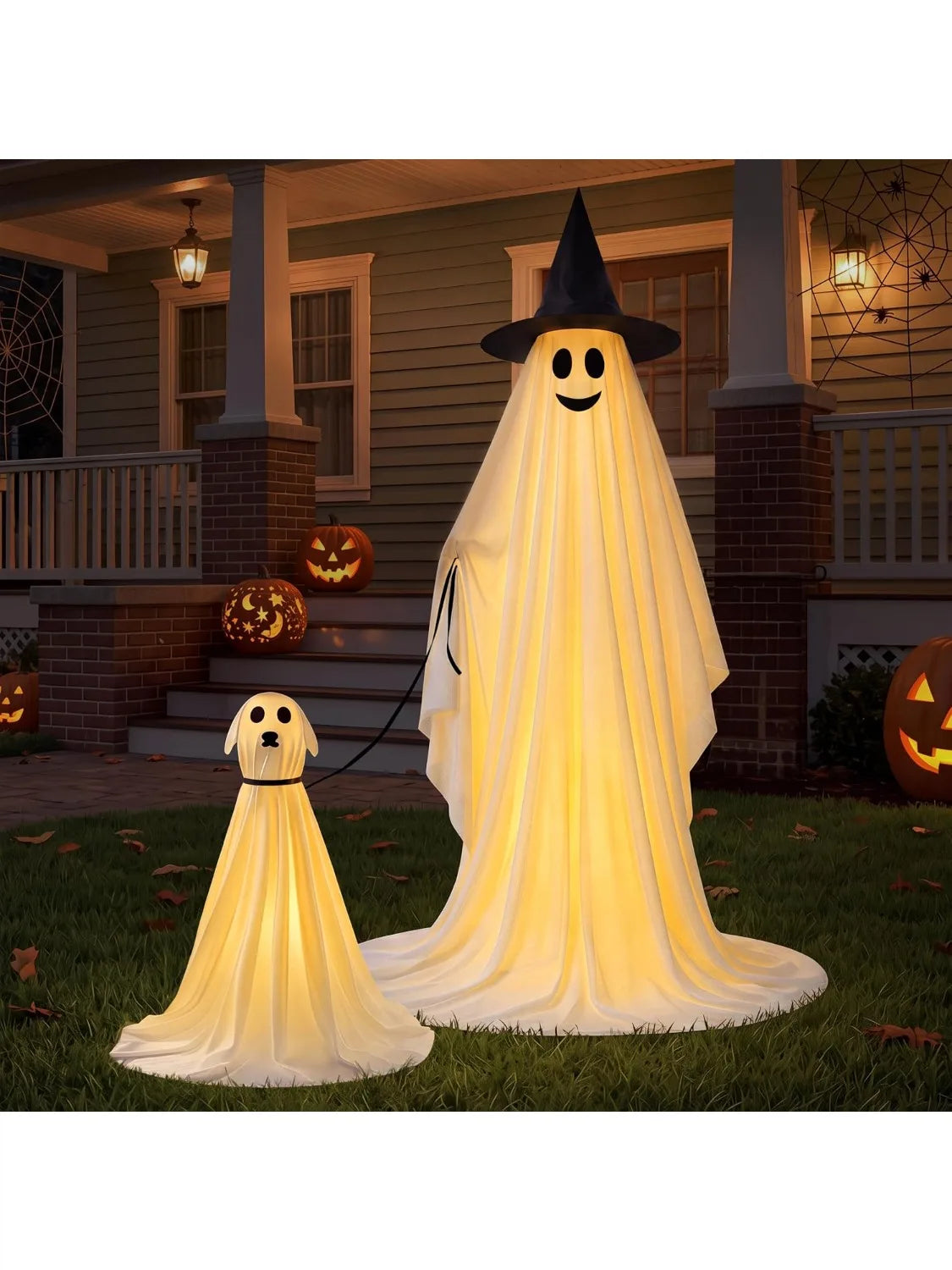 2Pcs Outdoor Halloween Decorations 55" Standing Ghost and 23" Dog Ghost Cute Set with Warm White LED Lights 8 Lightng Modes & Timer for Yard Lawn Party Favors and Halloween Decor Outside Indoor