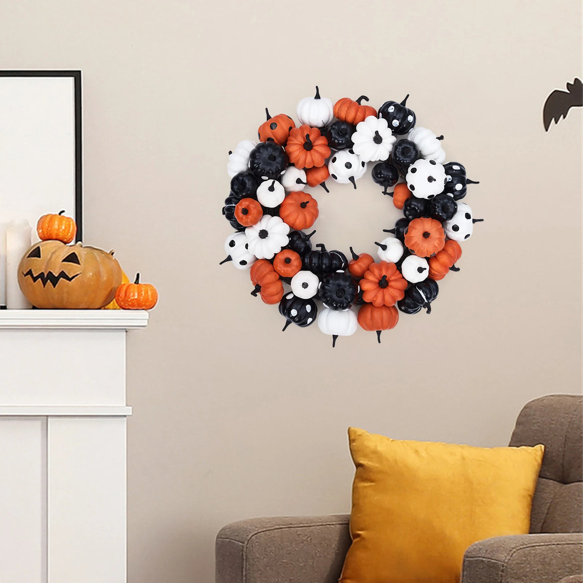 Halloween Pumpkin Wreath, with Orange, Black and White Pumpkins, Rattan Bottom Thanksgiving Indoor Home Party Decor