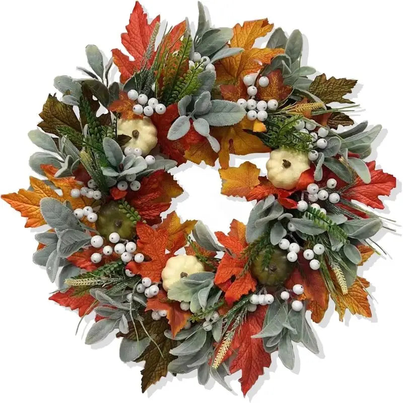 Fall Wreaths for Front Door,Thanksgiving Autumn Door Wreath with Maple Leaf,Pumpkin,Berries and Green Leaves,Pumpkin Fall Leaves Wreaths for Front Door,Wall and Fireplace
