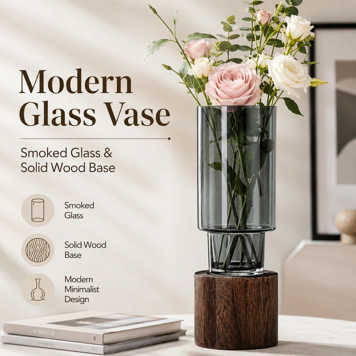 Modern Separable Cylinder Glass Vase, Smoke Grey Transparent Glass Vase with Natural Wood Stand, Minimalist Desktop Flower Arrangement Decor for Bedroom Office Entryway