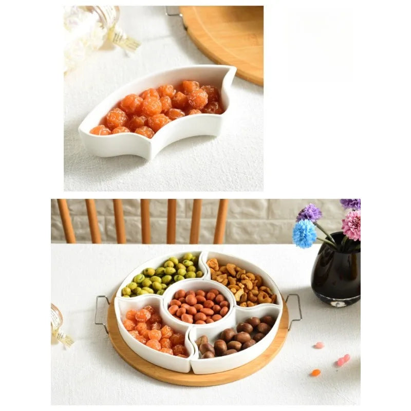 1Pc Creative Multi‑Compartment Ceramic Fruit Plate Snack Tray for Living Room Dried Fruit Nuts New Year Use