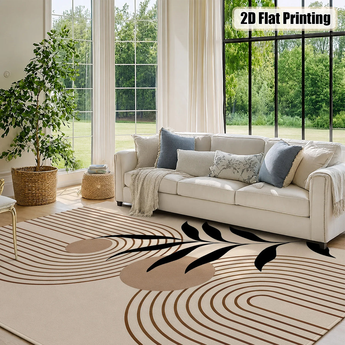 Large Indoor Area Rug, Soft Velvet Low Pile Rug with Non-Slip Dotted Backing, Machine Washable Modern Abstract Line & Black Leaf Pattern Neutral Beige Floor Mat for Living Room, Bedroom