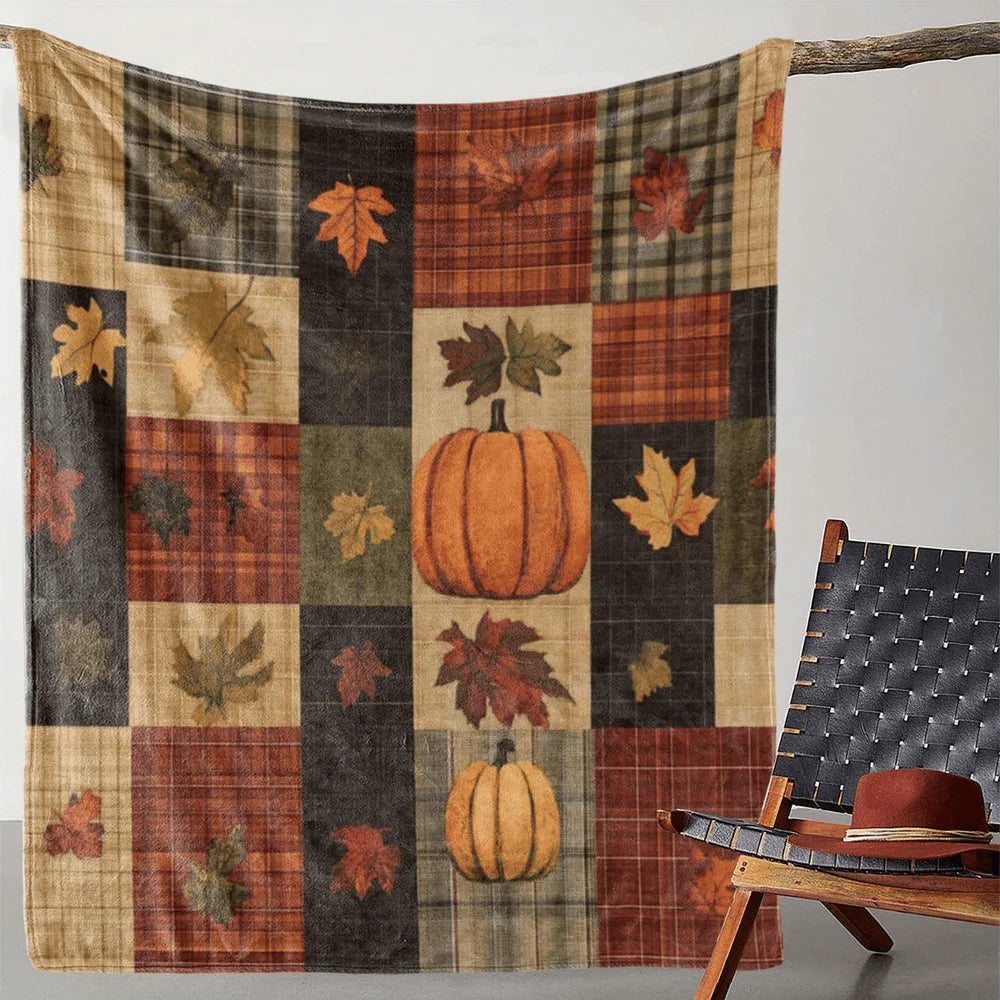 1pc Autumn Pumpkin And Maple Leaf Print Blanket, Pastoral Style Throw Blanket, Super Warm, Soft, And Comfortable Flannel Blanket, Multiple Sizes Available, Suitable for Living Room, Bedroom, Study, Balcony