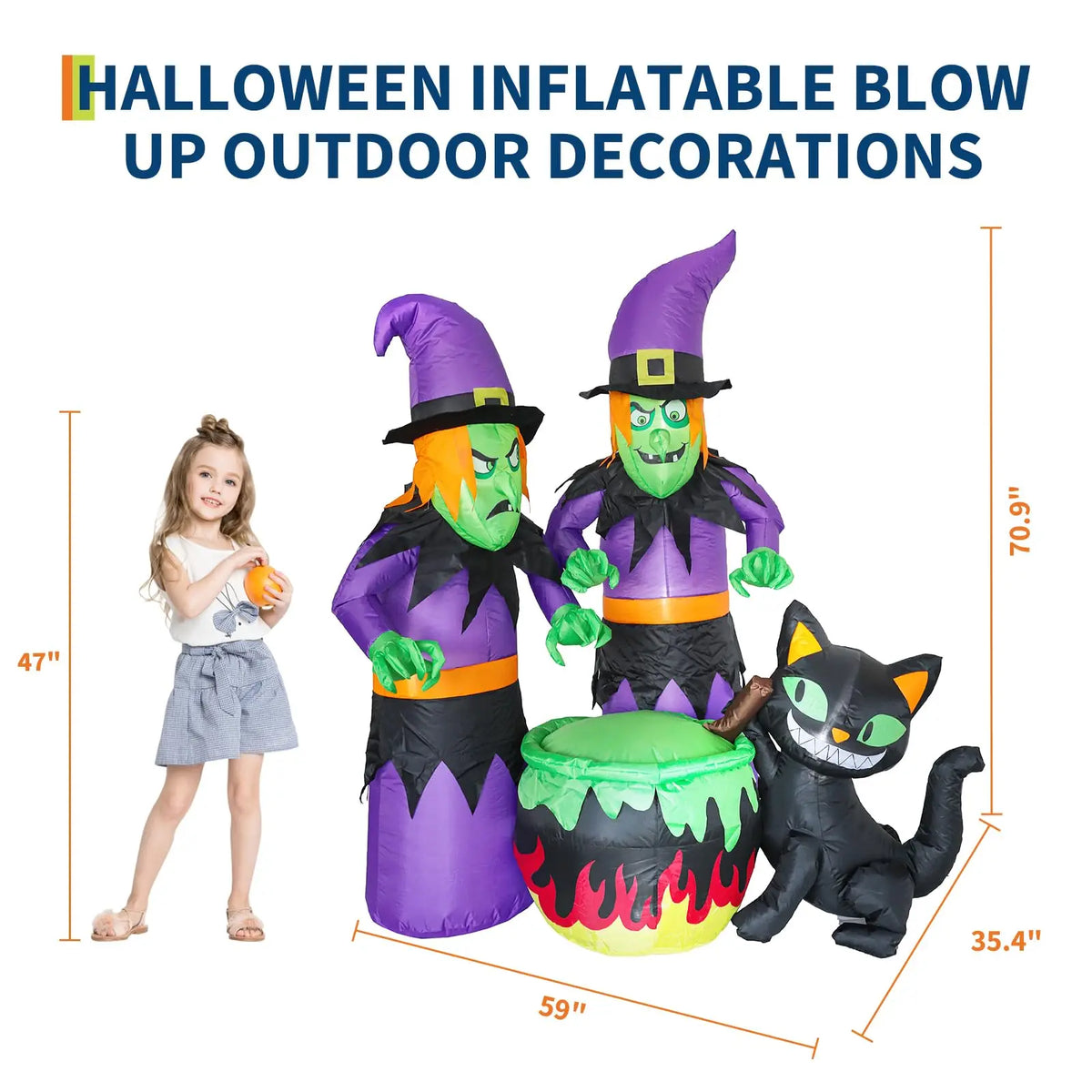 6ft Halloween Inflatable Witch Sisters Black Cat Cauldron With 6 Led Lights, Outdoor Yard Decor Blower For Lawn Porch Garden
