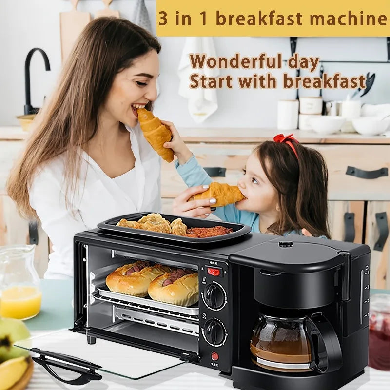 3-in-1 Breakfast Machine with Automatic Shutoff Non-Stick Coating for Easy Cleaning Sear Eggs Toast Bread Make Coffee Timer Function