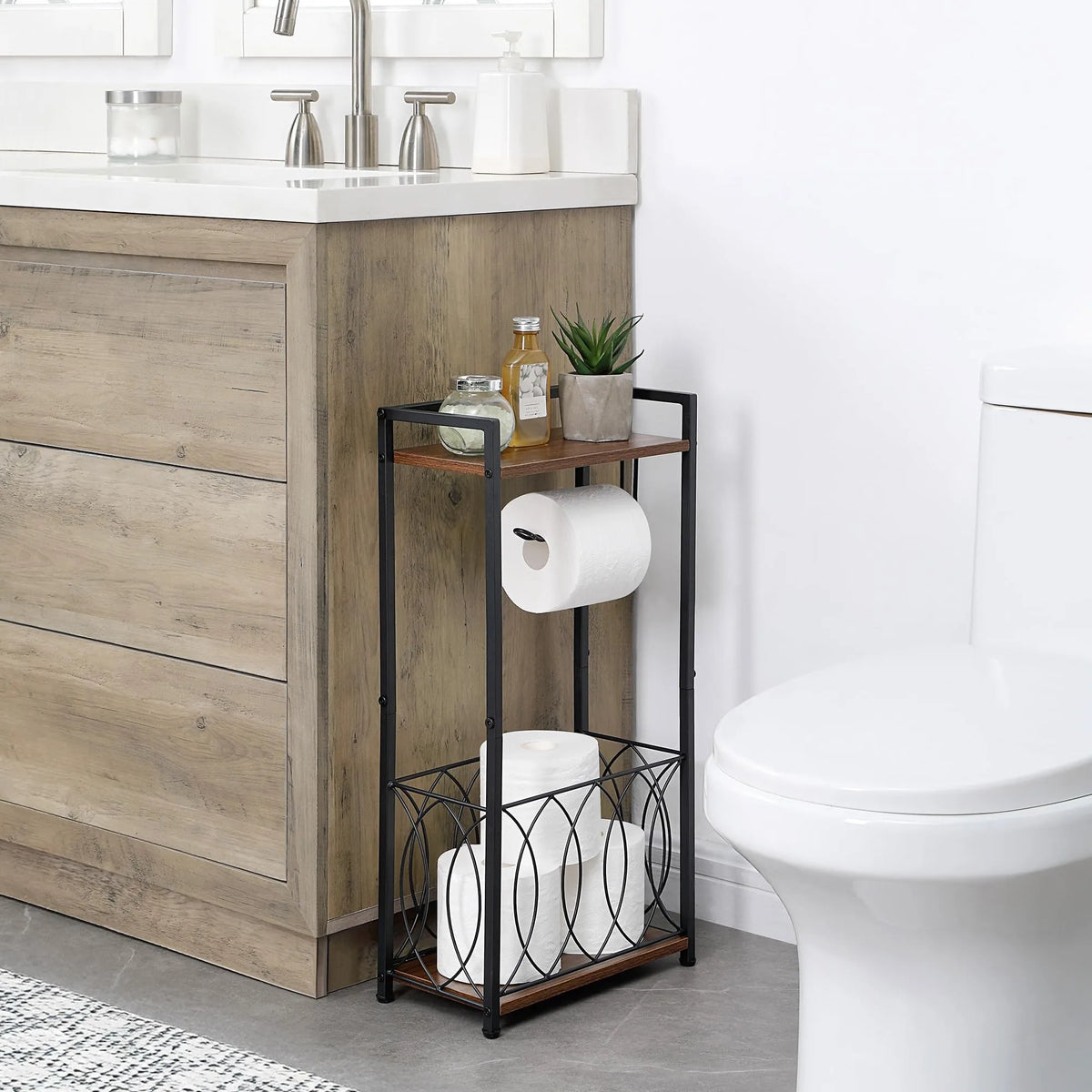 Freestanding Bathroom Toilet Paper Holder With Shelf Storage