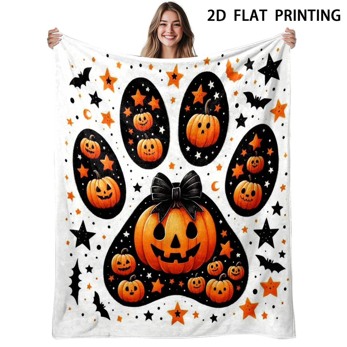 1pc, Halloween Paw Pumpkin Flannel Blanket, Cartoon Bowknot Design Printed Pattern, Camping Blanket, Nap Blanket, Outdoor Camping, Soft, Suitable for Sofas, Offices, All-Season Use, Birthday Gift