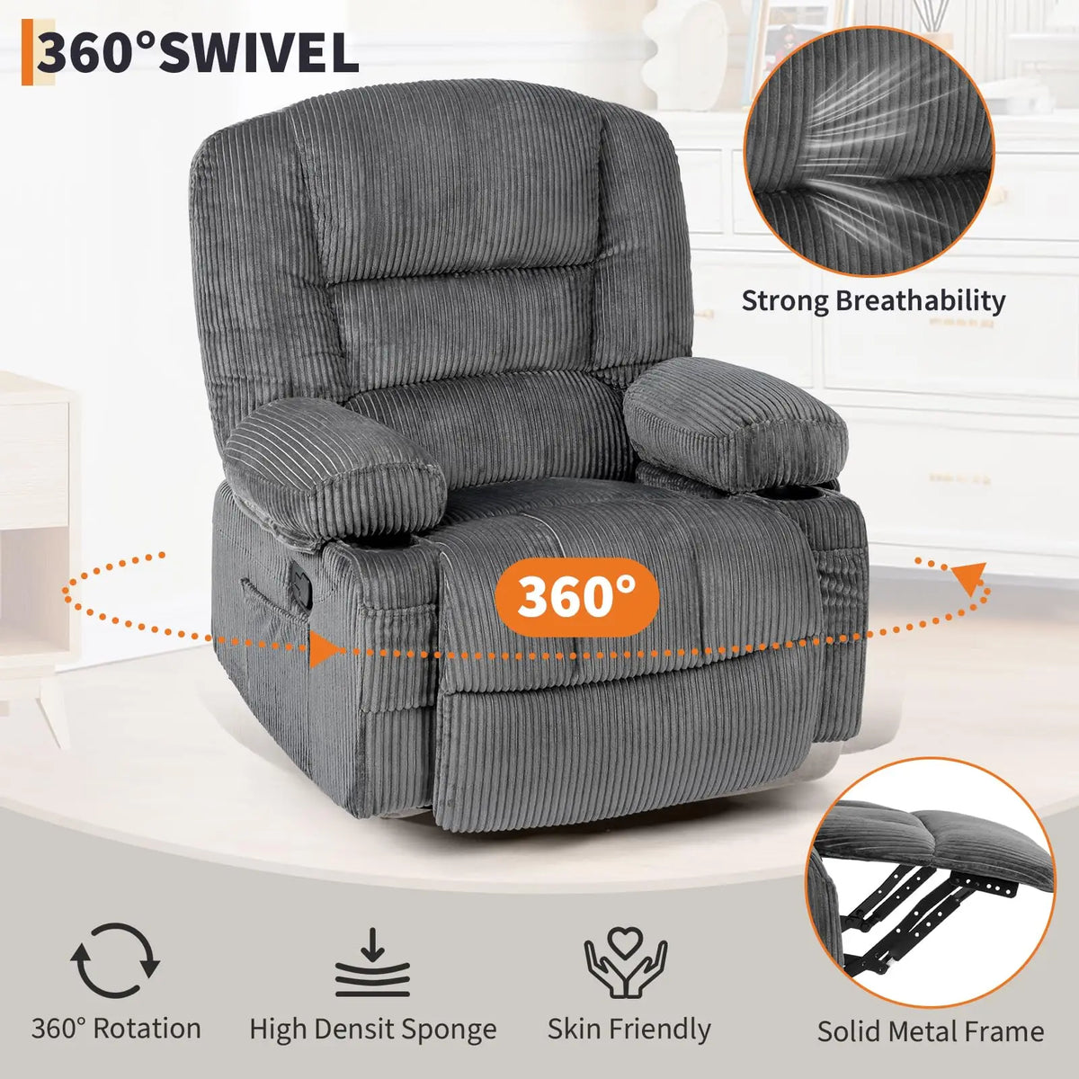 HiMISS Massage Recliner Chair With Heat Swivel Rocker And Storage