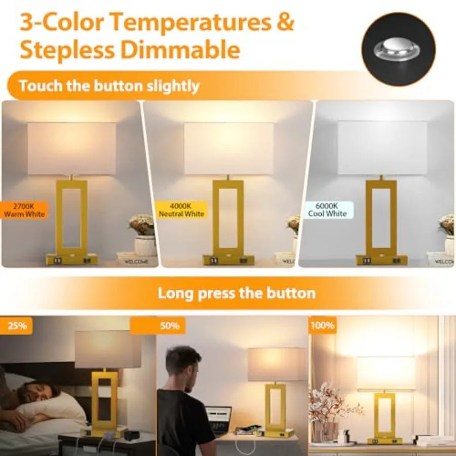 3 Color Temperatures Touch Control Table Lamps Set of 2, Stepless Dimmable Bedside Lamps with 2 USB PortsandAC Outlet, Modern N